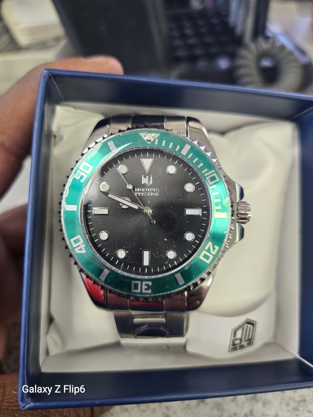 Montres Prestige Stainless Steel Dive Watch with Green Bezel